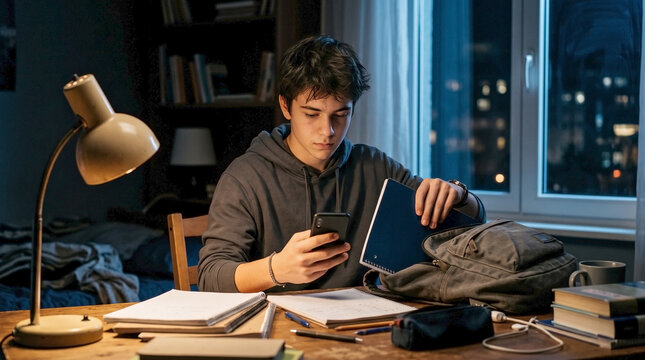 Teenage boy organizing school supplies and packing backpack for early morning school in his room during evening study for education blogs, student life, academic prep, and youth responsibility content