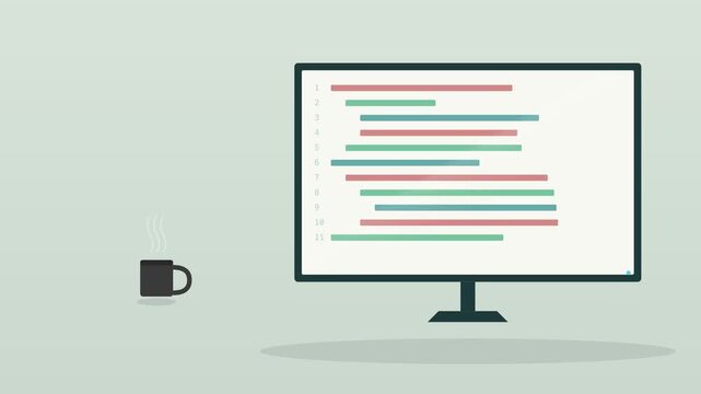 desktop computer monitor showing lines of code with a coffee cup on a warm desk, mint tone