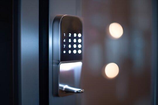 Close up of modern keyless door entry system with a glowing keypad