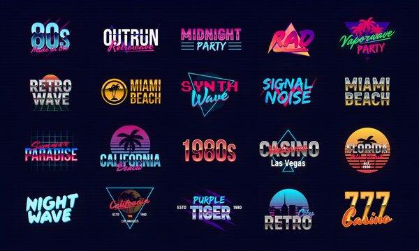 Vector set of signs and logos in Retrowave style. Retro 80's logos set for Night club, music album, party invitation designs. Print for t-shirt, tee. 20 colorful neon logo designs.