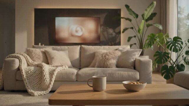 Modern Minimalist Living Room with Beige Sofa and Cozy Blanket