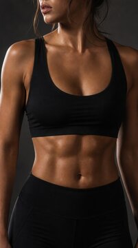 A fit woman wearing a black sports bra and leggings shows her toned abdominal muscles and athletic physique against a dark background.