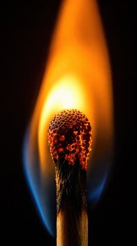 A close-up of a matchstick igniting, showing detailed textures of the burning head and vibrant flame colors.