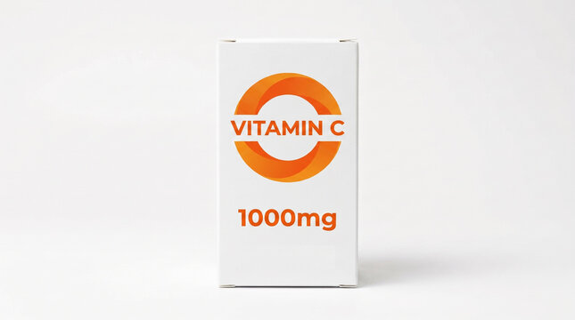 White cardboard box for Vitamin C 1000mg supplement on white background