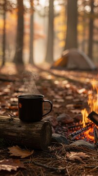 A steaming mug sits on a log beside a campfire in a forest during autumn, with a blurred tent and fall foliage in the background.