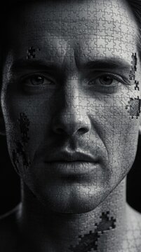 A black-and-white close-up of a man"s face composed of interlocking puzzle pieces with some pieces missing.
