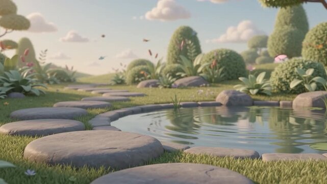 Whimsical 3D Garden Landscape with Stone Path and Peaceful Pond