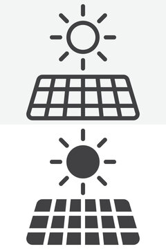 Solar energy panel icon set with sun above photovoltaic grid