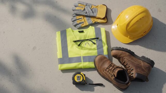 Essential Construction Safety Gear and PPE Set on Concrete Ground