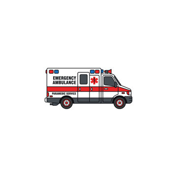 Red and white emergency ambulance vehicle vector illustration, highlighting paramedic hospital transport, medical emergency response, rescue van, and healthcare logistics.