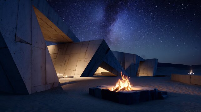 Futuristic desert architecture sandstone textures and sharp geometric angles integrated outdoor fire pit starry night sky cinematic lighting