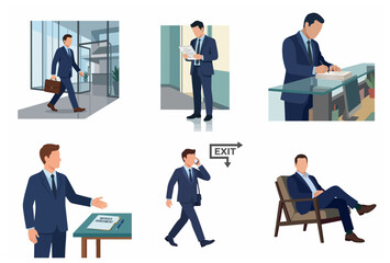 Fototapeta premium Collection of professional businessman in various poses and office activities flat vector illustration