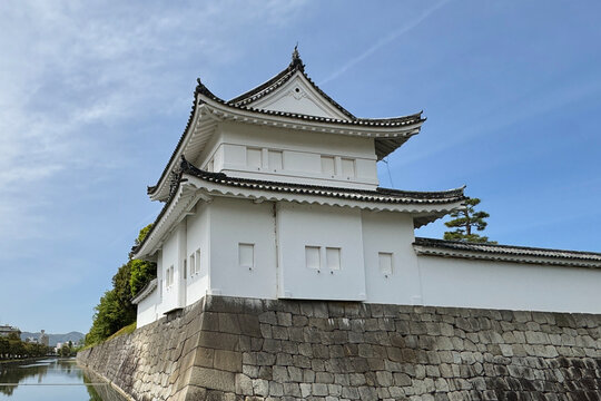 The white watchtower at NIjo-jo Castle in Kyoto, Japan