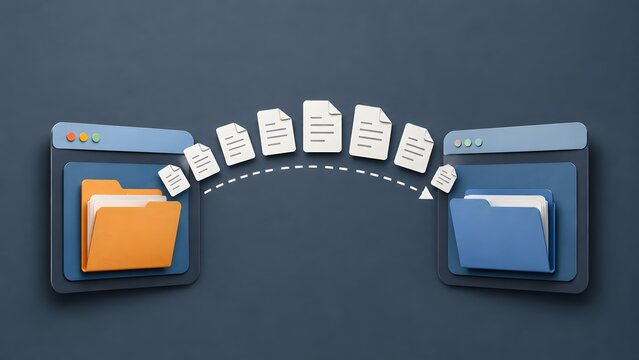 Digital data migration and file transfer process with document icons moving between interface folders representing secure information sharing and backup