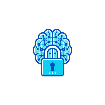 Cyber security padlock protecting digital brain circuit vector illustration, representing AI safety protocols, encrypted data privacy, cloud intelligence security, and tech protection.