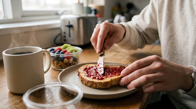 A student preparing healthy homemade jam toast with fruit and coffee for quick morning routine blogs, healthy breakfast websites, and student lifestyle content.