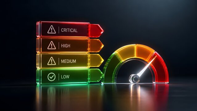 System risk assessment and performance metric dashboard showing a critical warning gauge indicator with high threat level alert interface