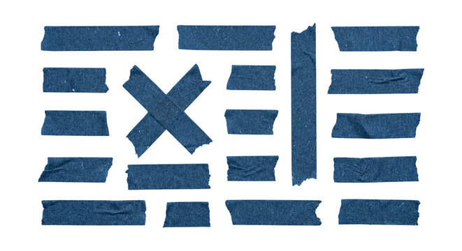 Set of blue masking tape pieces isolated on transparent background, various strips of adhesive tape for scrapbooking and design