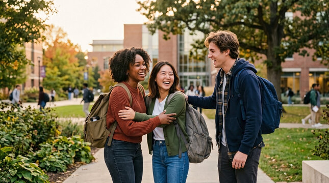 Diverse college students laughing and interacting on university campus pathway for student life blogs, multicultural campus marketing, and educational institution websites