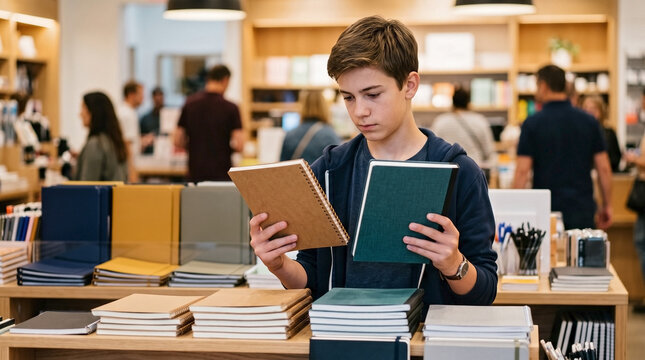 Thoughtful teenage boy choosing notebooks, comparing school supplies in a stationery store for back to school, student life, and educational content