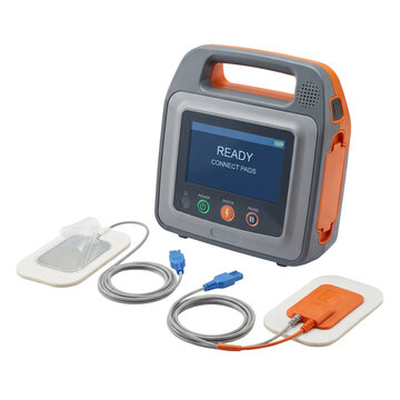 Portable Automated External Defibrillator With Electrode Pads on Transparent Background