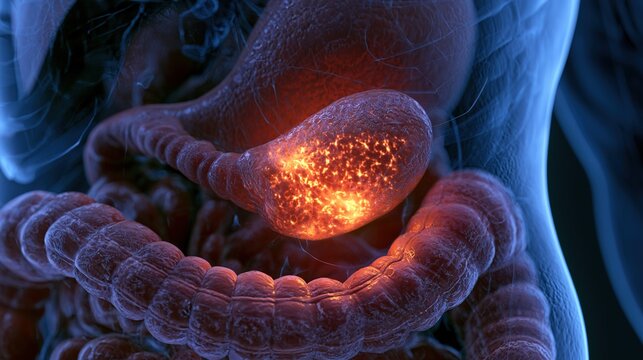 Pancreatitis medical concept, inflammation of pancreas organ in human digestive system, acute and chronic pancreatic disease, digestive gland disorder, 3D medical illustration showing inflamed pancrea