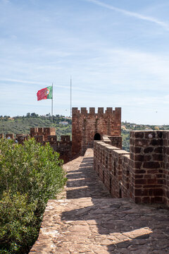 View of the castle walls in the ancient town of Silves in the Algarve, Portugal
