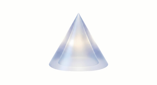 Minimalist translucent glass cone sculpture on white background