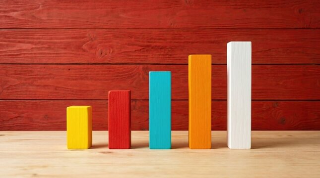 Colorful wooden blocks arranged as a growing bar graph chart with business progress statistics colorful analysis