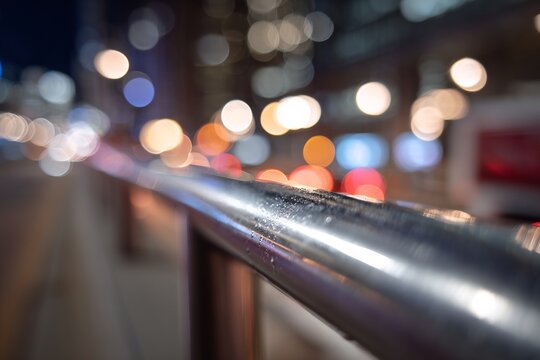 Macro shot of glass railing's edge reflecting city lights at night bokeh background