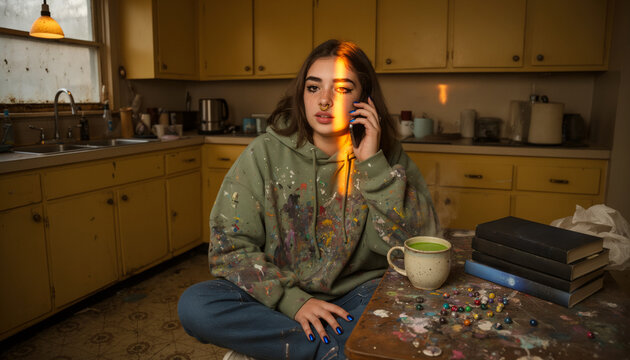 Creative teenage artist wearing paint-stained hoodie talking on smartphone while sitting at kitchen table with sketchbooks and coffee mug, warm morning light, cluttered art supplies