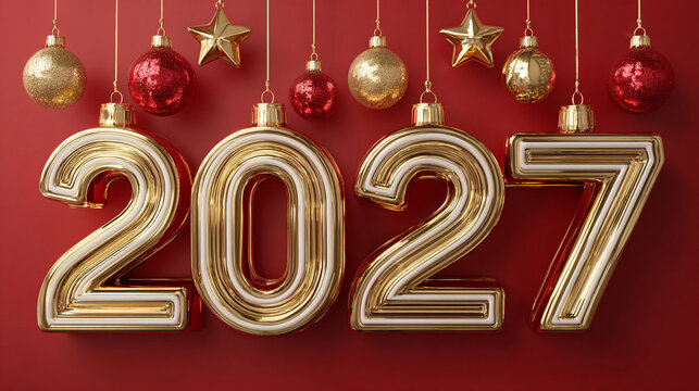 Golden "2027" balloons hang amid festive ornaments. Red and gold baubles dangle against a rich red background. Holiday cheer and celebration for the new year