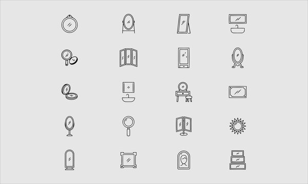 Mirror, reflection flat line icons set. Various mirrors - round, makeup, full length, bathroom interior vector illustrations. Outline signs for furniture store.