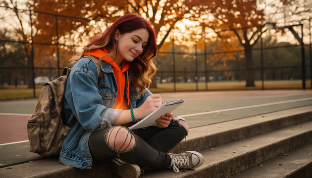 Creative teenage girl sketching in notebook while sitting on bleacher steps at park during autumn sunset, denim jacket, backpack, ripped jeans, warm colorful foliage, thoughtful expression, copy space