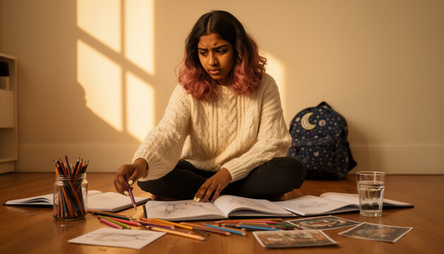 South asian teenage girl coloring artwork with pencils while sitting on floor in sunlit room, cozy sweater, backpack, scattered drawings and books, warm natural light, focused expression, copy space
