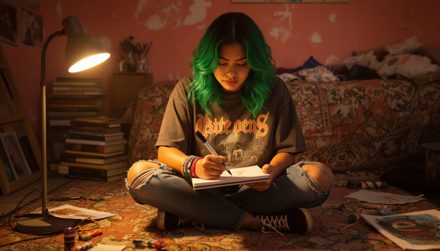 Teenage artist with colorful hair sketching in notebook while sitting cross-legged on floor in messy creative bedroom, desk lamp lighting, art supplies scattered around, focused expression, copy space