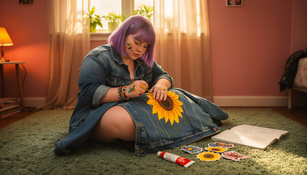 Plus size teenage crafter decorating denim jacket with sunflower patches while sitting on rug in sunlit bedroom, colorful stickers and fabric paint scattered around, creative diy project, copy space