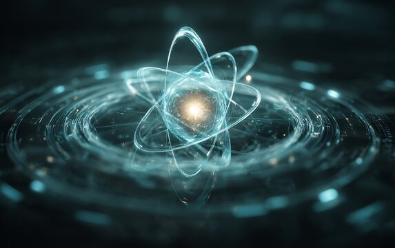 Cinematic 3D render of a glowing blue atomic core with energy orbits and surface reflections