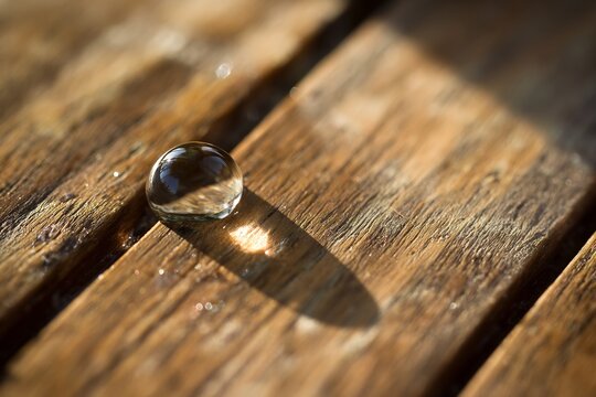 Macro shot of single drop of water on an outdoor teak deck sun drenched