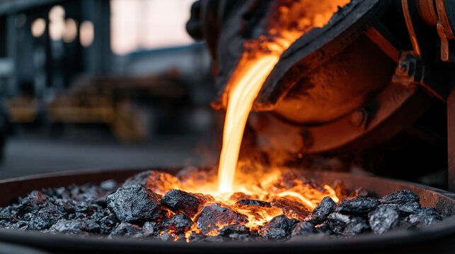 Molten metal pours into a furnace filled with coke and slag in a foundry industrial scene.