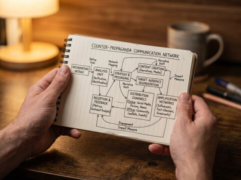 Hands Holding Notepad Displaying Handwritten Intelligence Network Flowchart Diagram Scheme