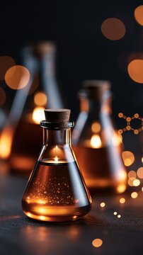 Laboratory flask with orange liquid and cork stopper in a dark lab background with blurred glassware and chemical formula graphics.