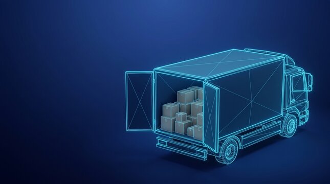 Blue wireframe delivery truck with open doors and boxes representing digital logistics and shipping tech
