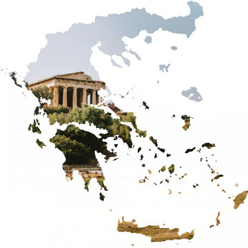 Greece Map Silhouette with Ancient Temple of Hephaestus