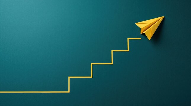 Yellow paper plane flying upward along staircase line pattern on teal background with progress business background