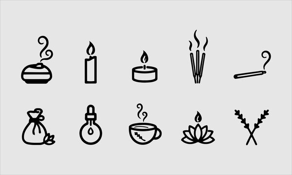 Modern vector line icon of aromatherapy and essential oils. Elements - aromatherapy diffuser, candles, incense sticks, herbal bags. Linear pictogram for aroma spa salon.