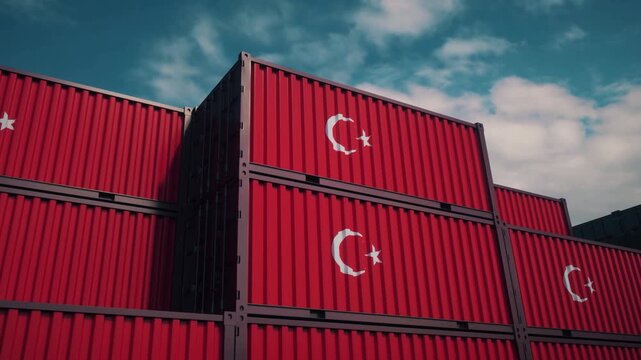 Red Freight Containers With Turkish National Symbols and Moving Camera