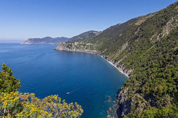 Naklejka premium Cinque Terre along the rugged Ligurian shore in Italy shows long undeveloped coastal curve and deep water from an elevated hiking trail.