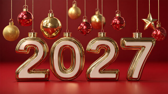 Golden "2027" balloons hang amid festive ornaments. Red and gold baubles dangle against a rich red background. Holiday cheer and celebration for the new year