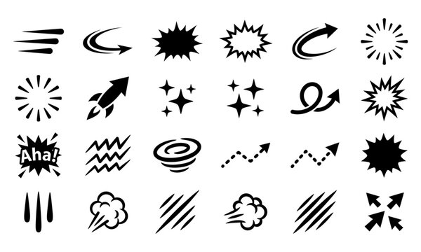 Comic action effect doodle icon set. speed lines, curved arrow, explosion burst, rocket launch, sparkles, tornado, dotted growth arrow, cloud puff, scratch mark vector elements
